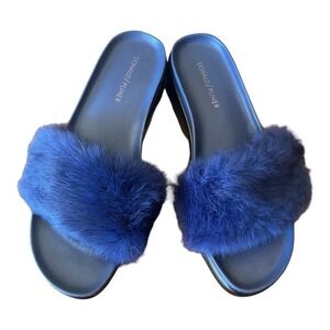 Donald Pliner Women's Blue Furfi Genuine Rabbit Fur Slide Sandal Size 9